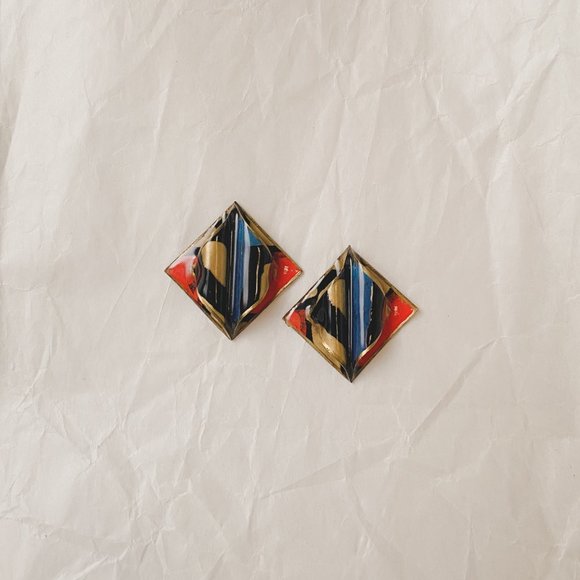 Vintage Orange Blue Gold Funky Abstract Mod Diamond Plastic Statement Earrings - Picture 5 of 10